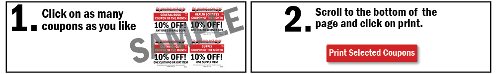 1. Click on as many coupons as you like. 2. Scroll to the bottom of the page and click print.